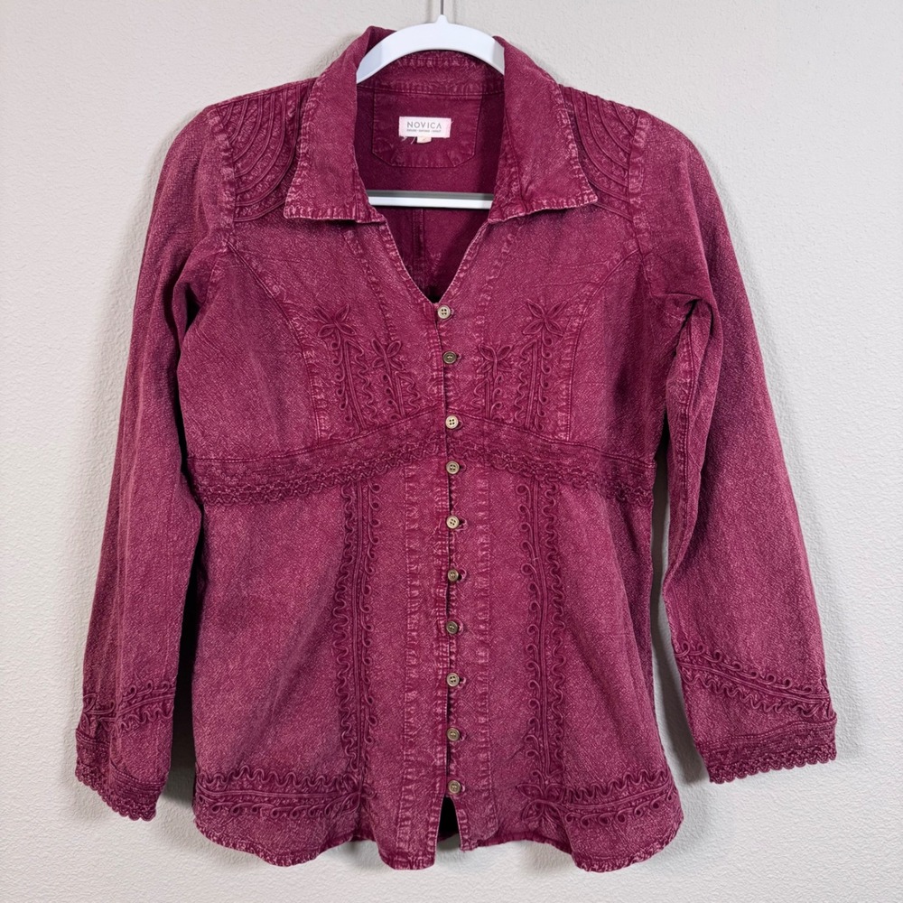 Novica Berry Red Embroidered Cotton Button Down Shirt Boho Festival Women's S